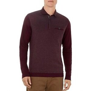 Ted Baker Diamond Texture Long Sleeve Polo Shirt Size 4 Large Dark Red Slim Fit